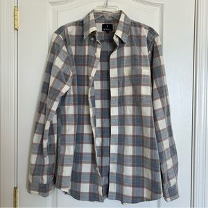Ben Sherman Men’s Cream and Blue Plaid Flannel Button-Up Shirt Size Medium